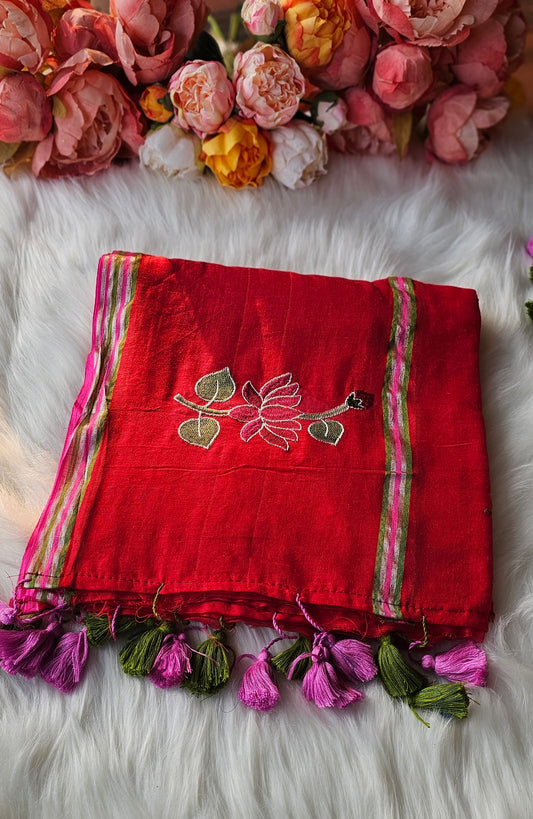 Lotus embroidered mulmul cotton saree with tassels