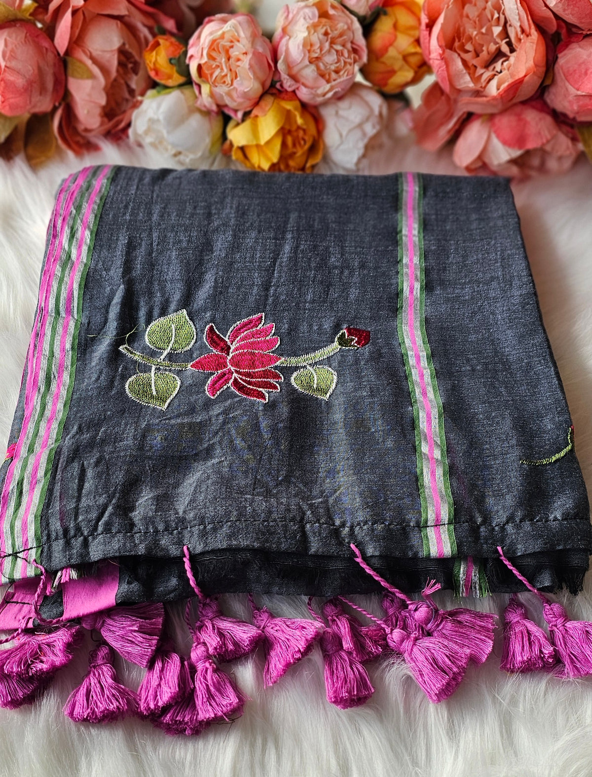 Lotus embroidered mulmul cotton saree with tassels