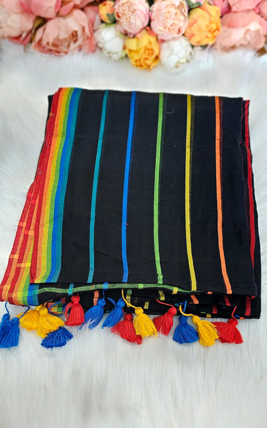 Beautiful Multicoloured mulmul cotton saree with tassels