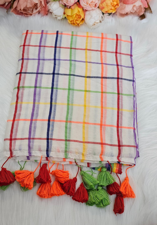 Beautiful Multicoloured mul cotton saree with tassels
