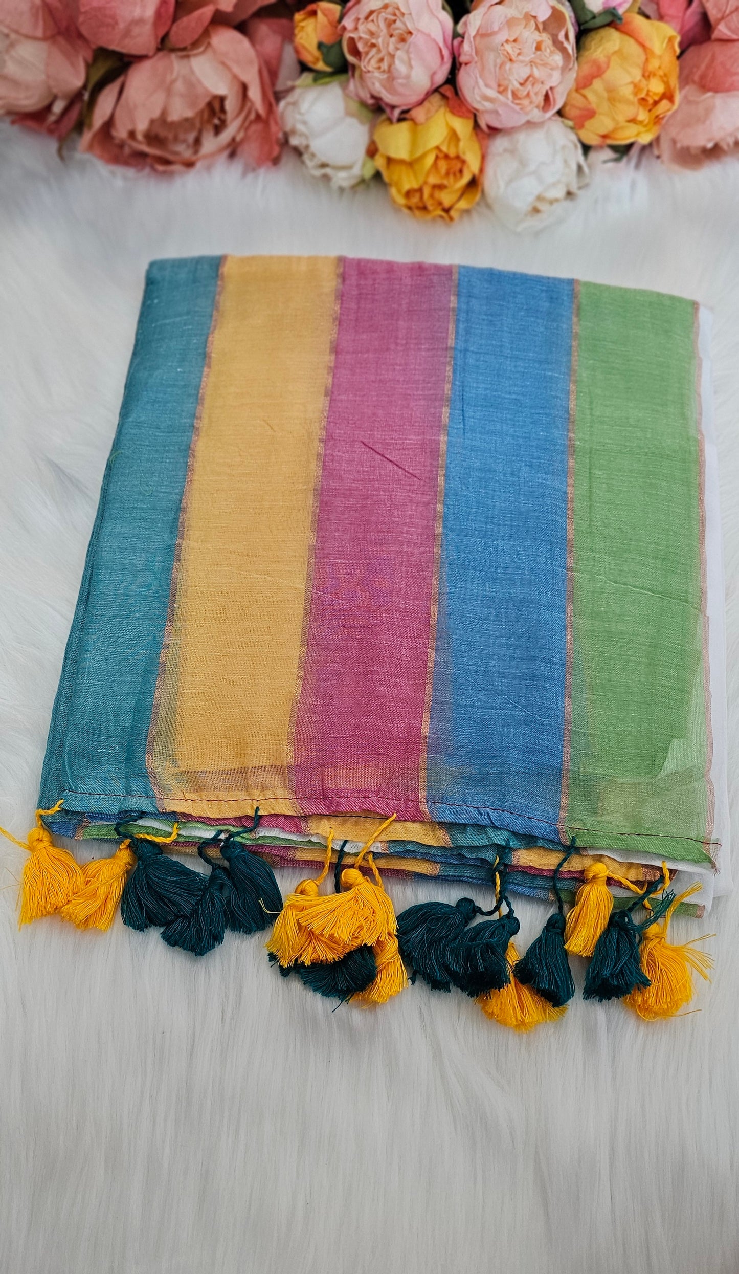 Beautiful Multicoloured cotton saree with tassels
