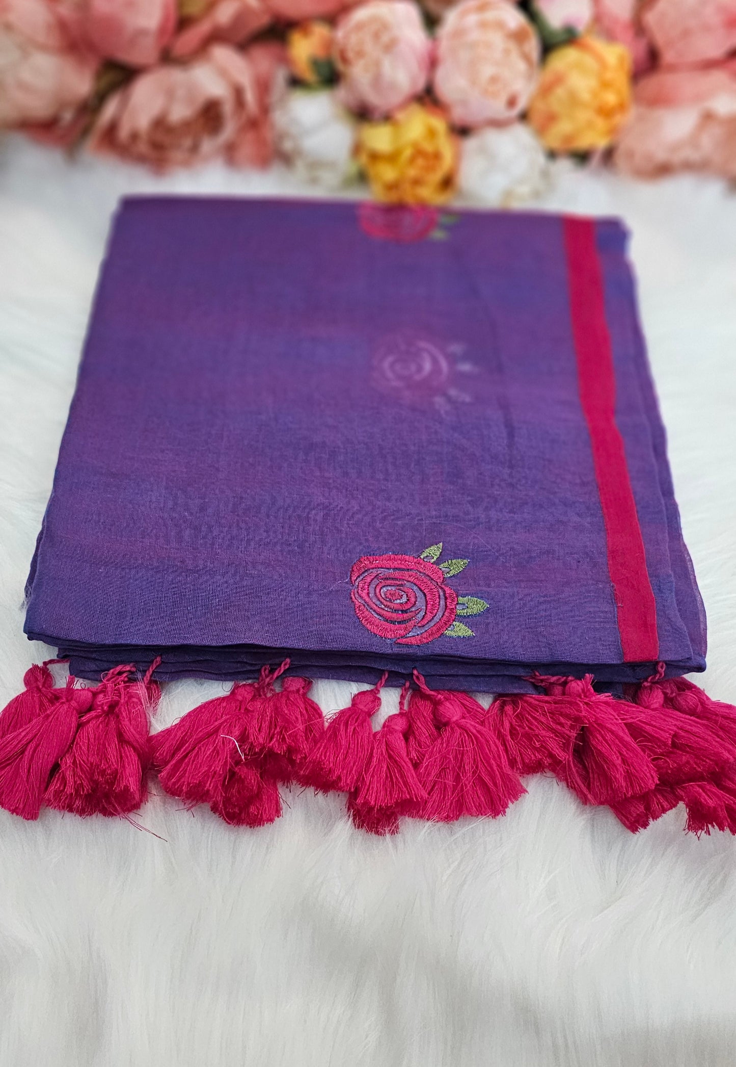 Fully rose embroidered mulmul saree with tassels