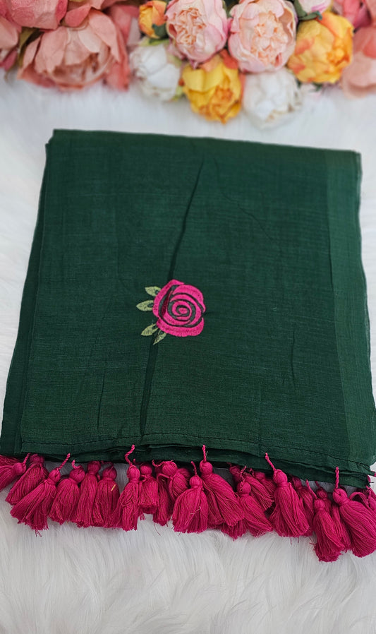 Fully rose embroidered mulmul saree with tassels