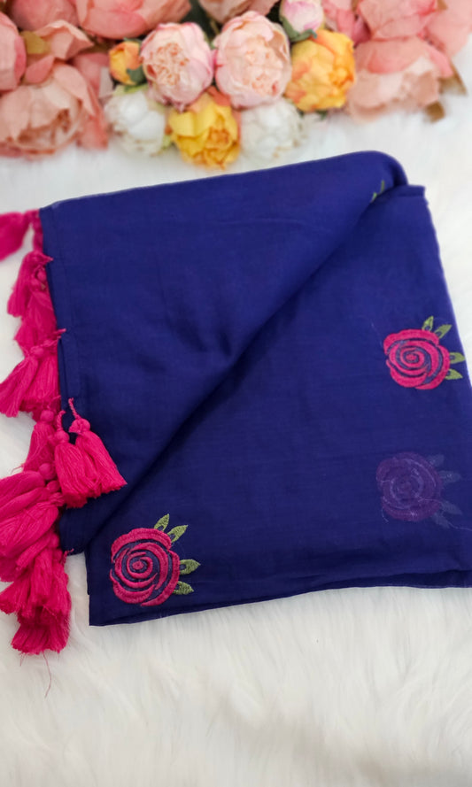 Fully rose embroidered mulmul saree with tassels