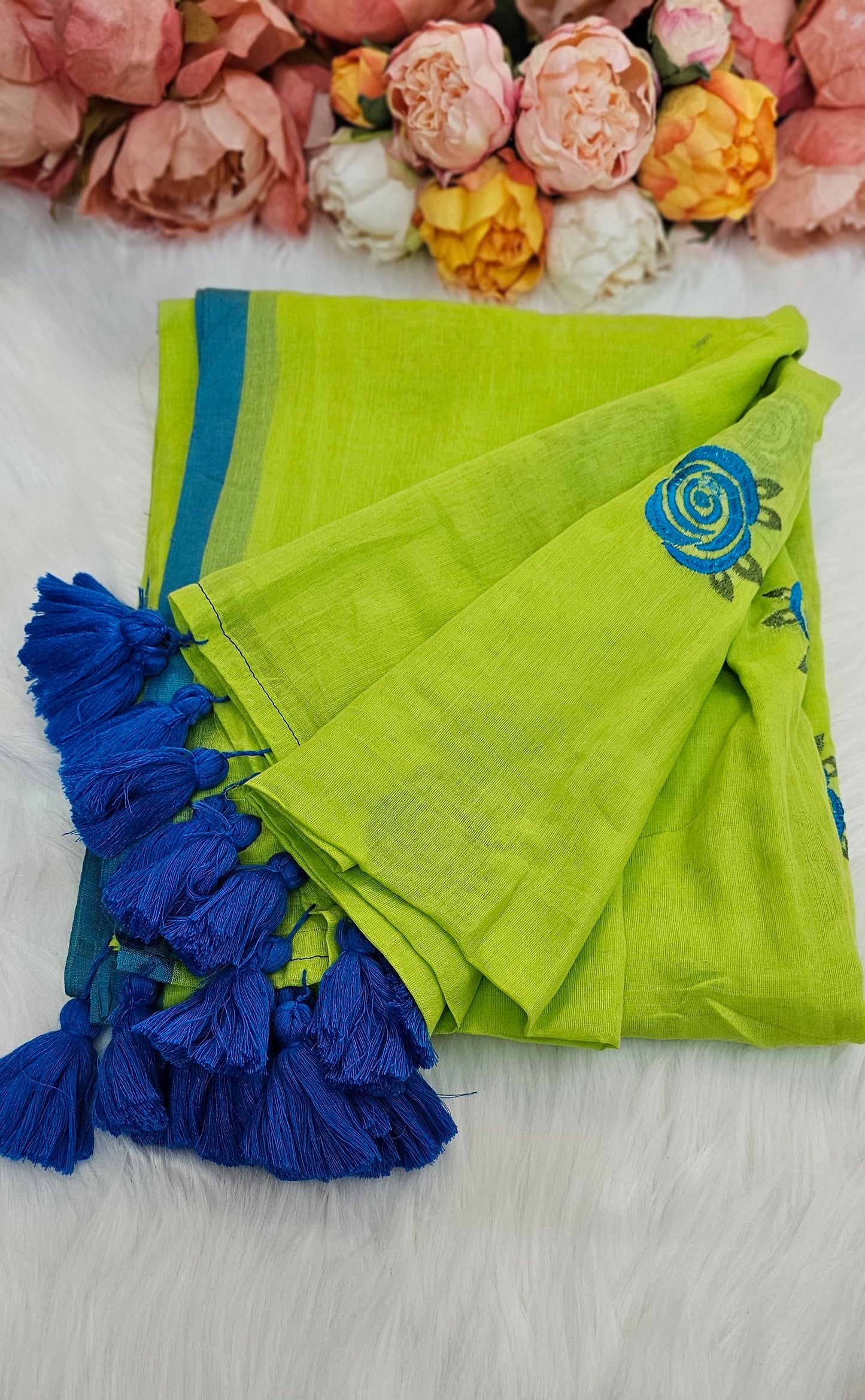 Fully rose embroidered mulmul saree with tassels