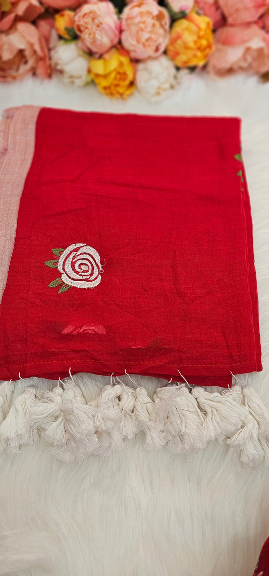 Fully rose embroidered mulmul saree with tassels