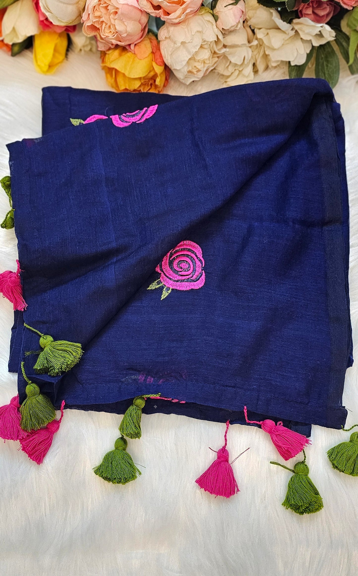 Rose embroidered mul cotton saree