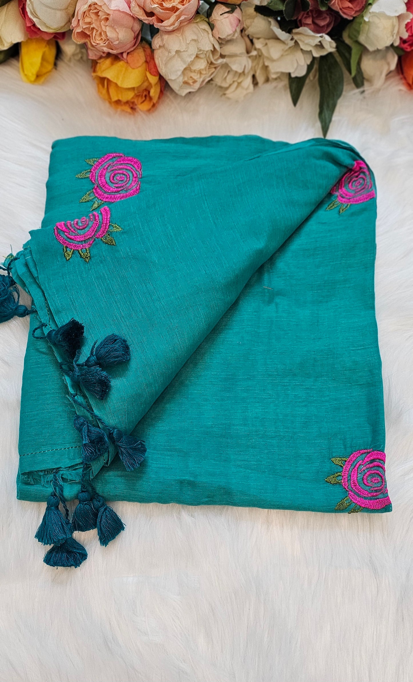 Rose embroidered mul cotton saree