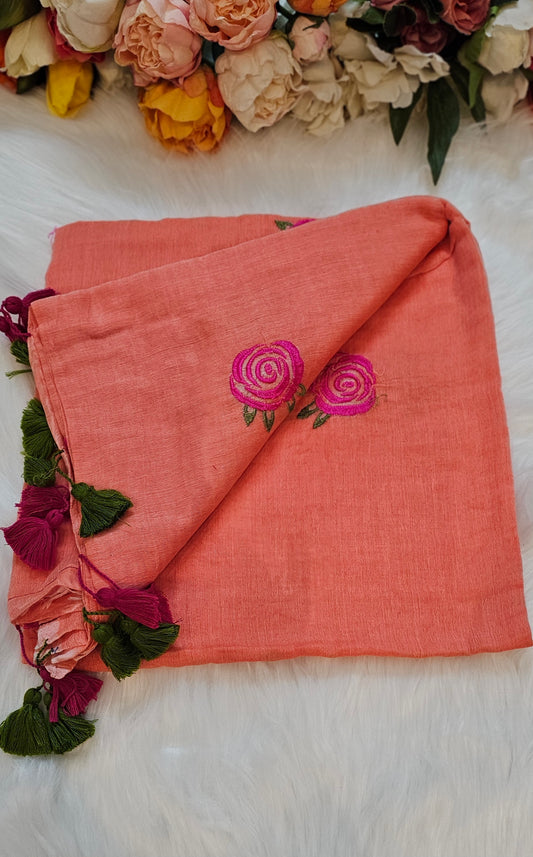 Rose embroidered mul cotton saree