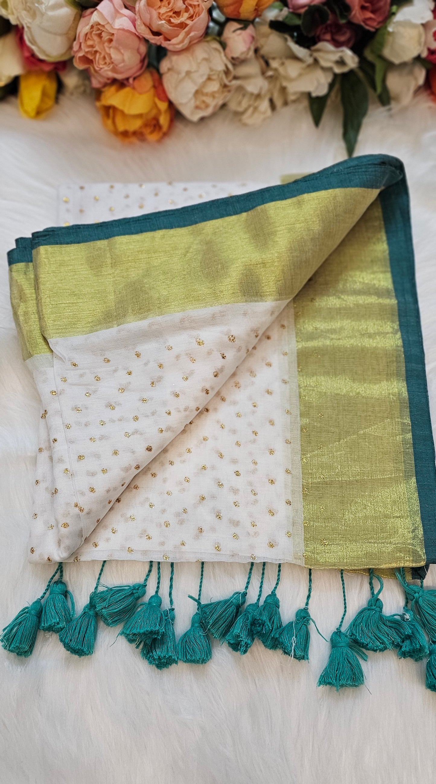 Beautiful mulcotton saree with glitter polka dots