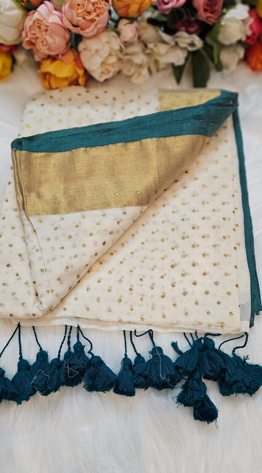 Beautiful mulcotton saree with glitter polka dots
