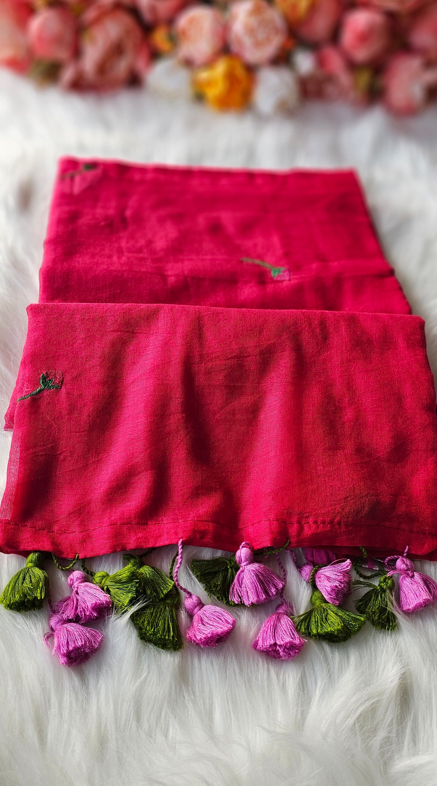 Lotus embroidered  mulmul cotton saree with tassels