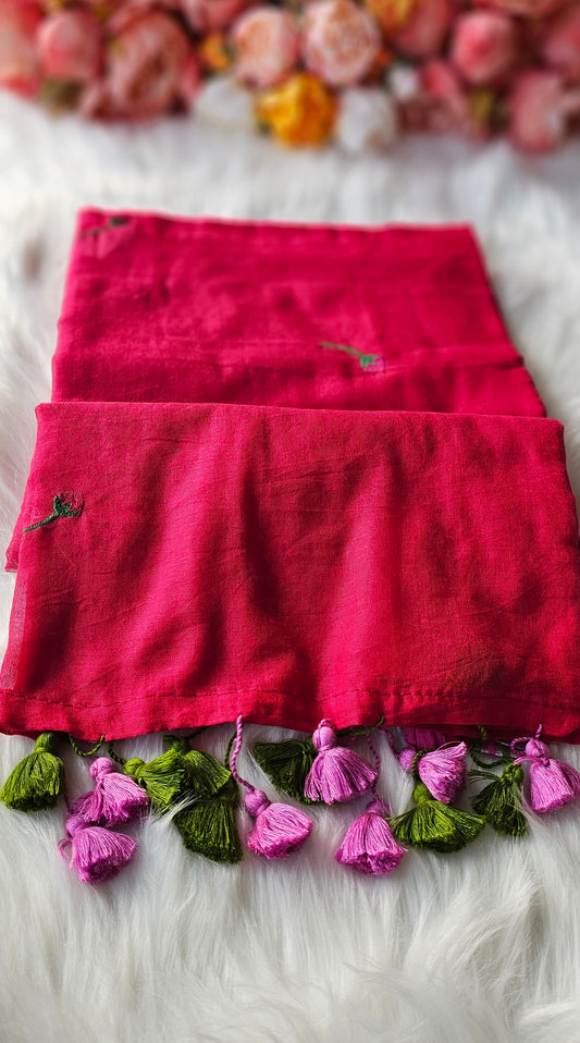 Lotus embroidered  mulmul cotton saree with tassels