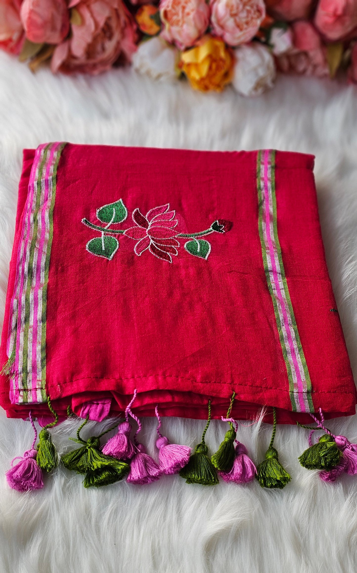 Lotus embroidered  mulmul cotton saree with tassels