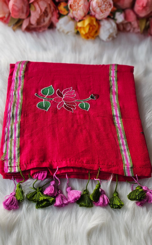 Lotus embroidered  mulmul cotton saree with tassels