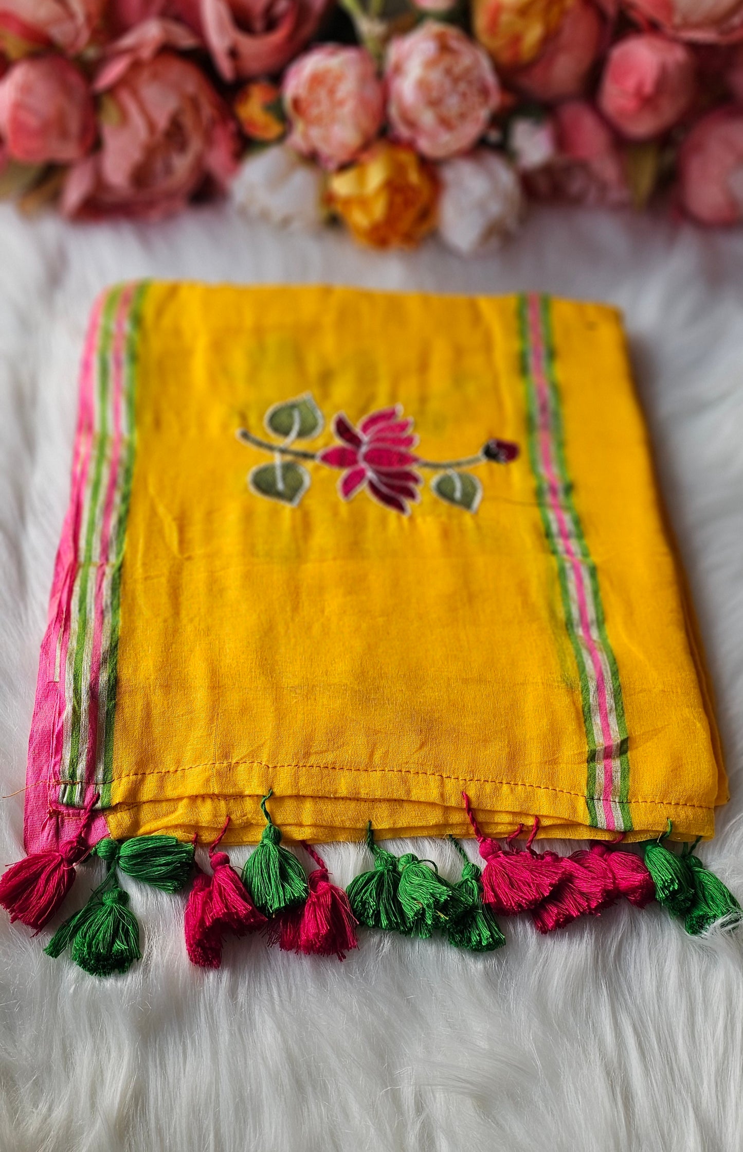 Lotus embroidered  mulmul cotton saree with tassels