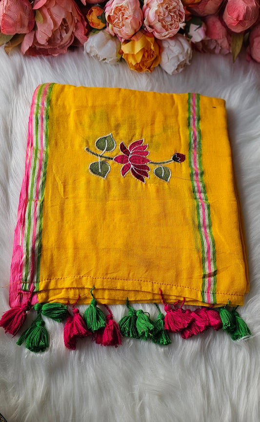 Lotus embroidered  mulmul cotton saree with tassels