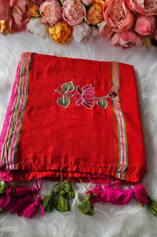 Lotus embroidered  mulmul cotton saree with tassels