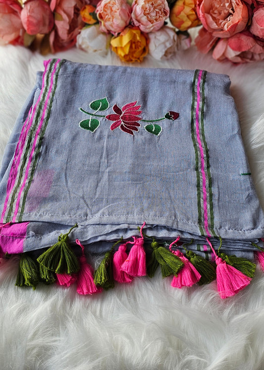 Lotus embroidered  mulmul cotton saree with tassels