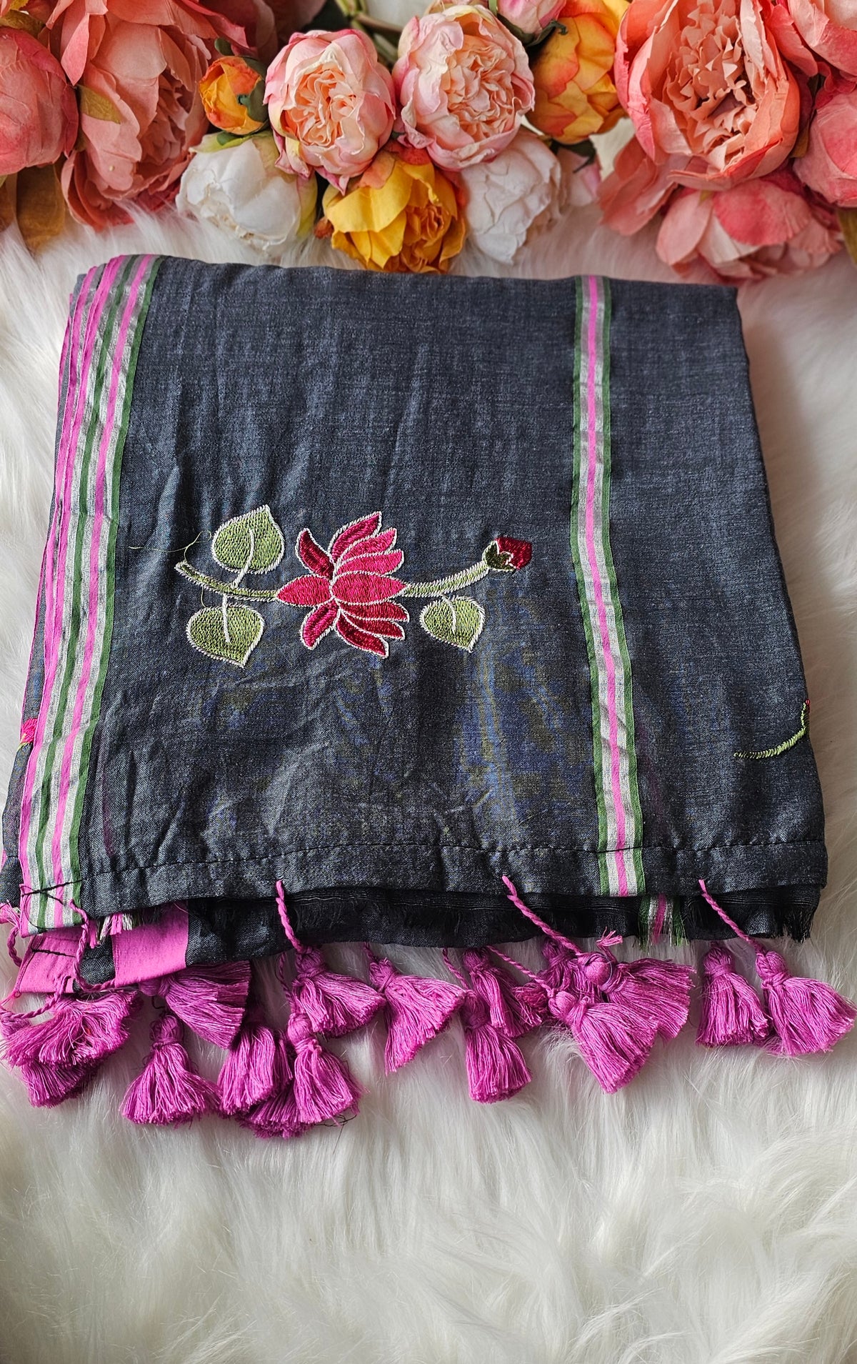 Lotus embroidered  mulmul cotton saree with tassels