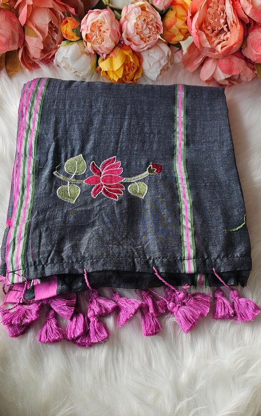 Lotus embroidered  mulmul cotton saree with tassels