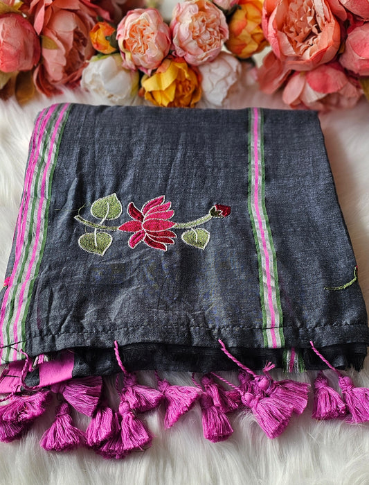 Lotus embroidered  mulmul cotton saree with tassels