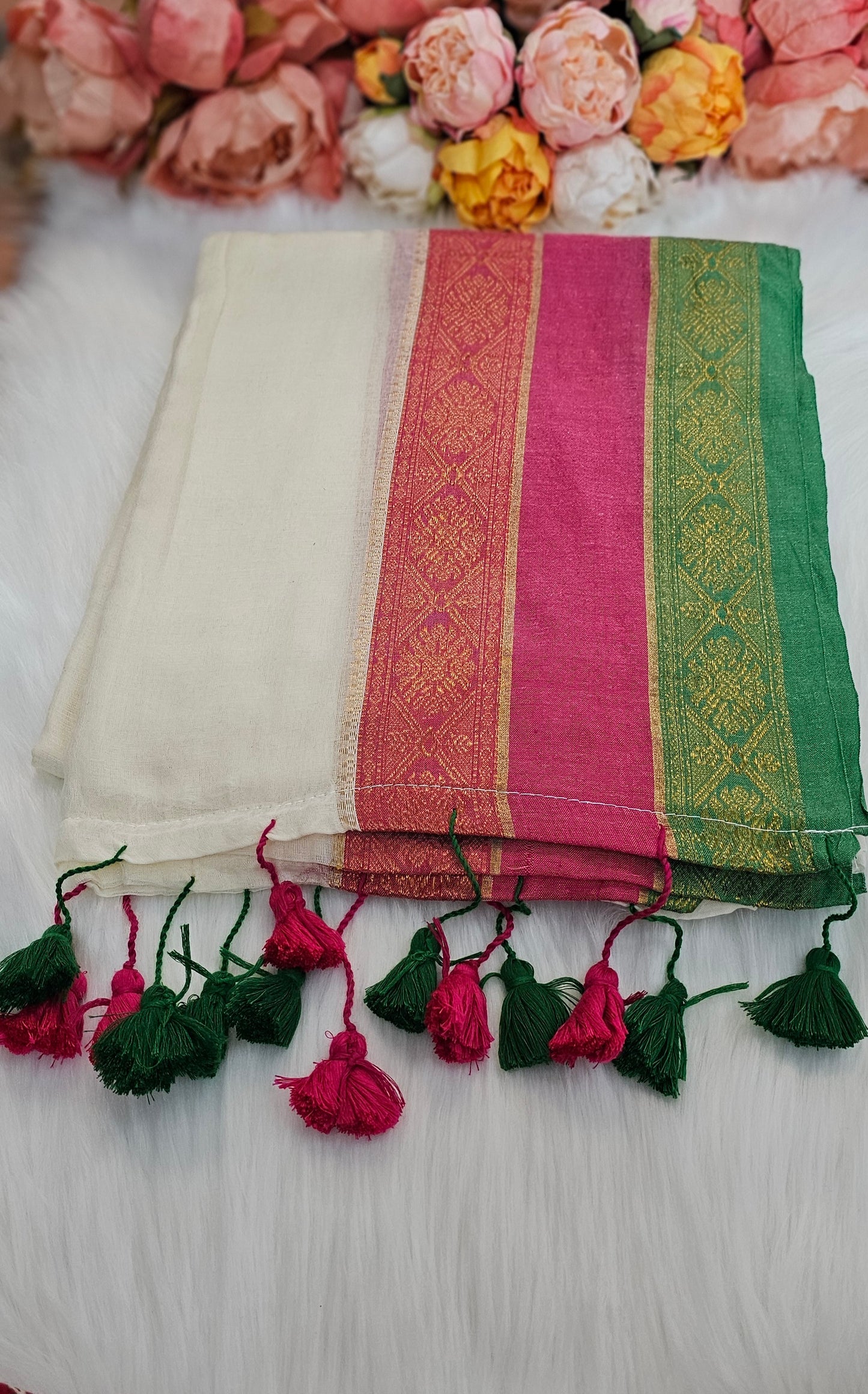 VISHU Trending mulmul cotton saree with tassels