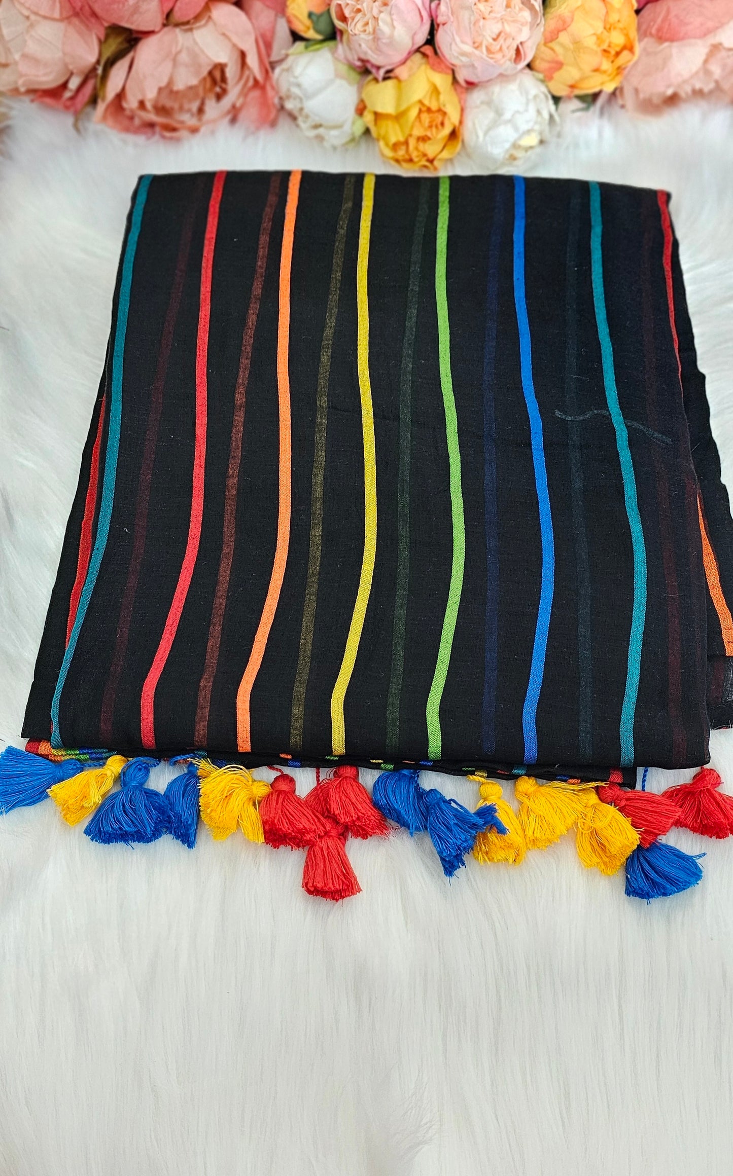 Beautiful Multicoloured  mulmul cotton saree with tassels
