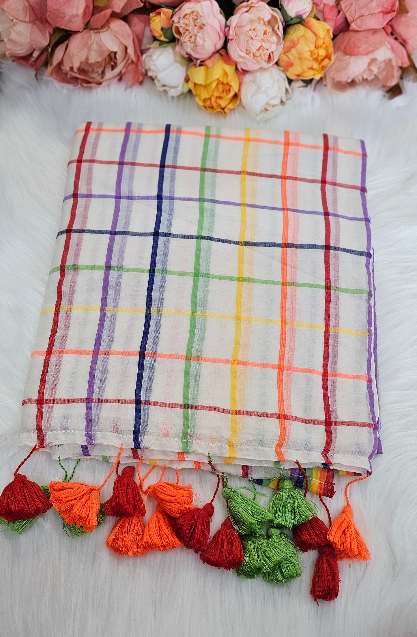 Beautiful Multicoloured mul cotton saree with tassels