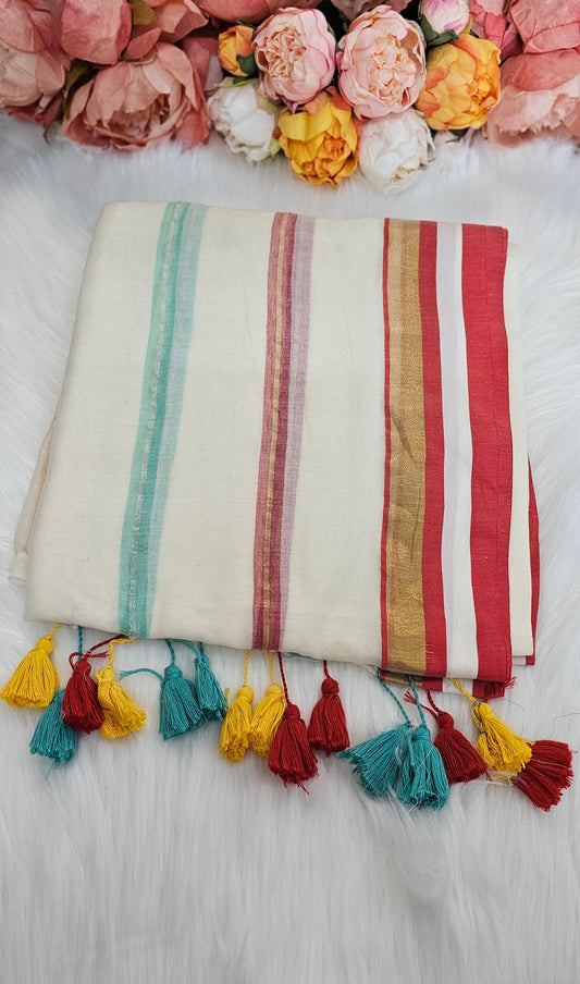 Vishu special Multicoloured cotton saree with tassels