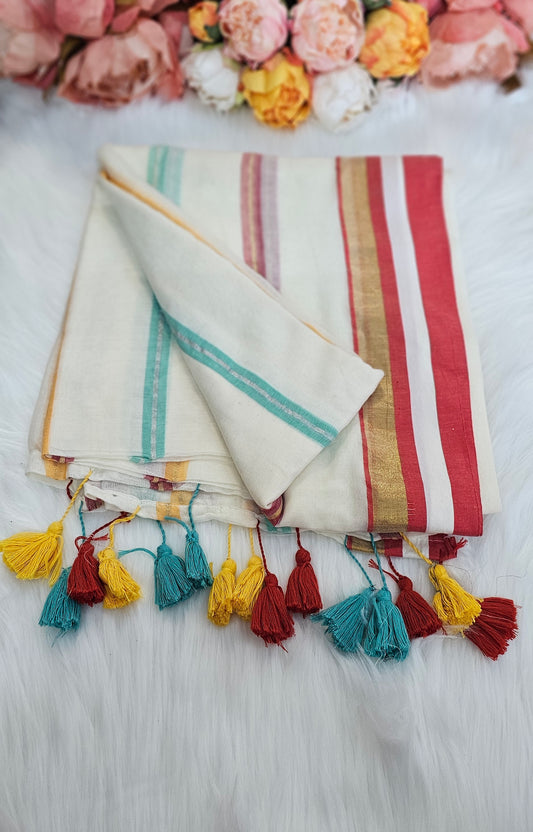 Vishu special Multicoloured cotton saree with tassels