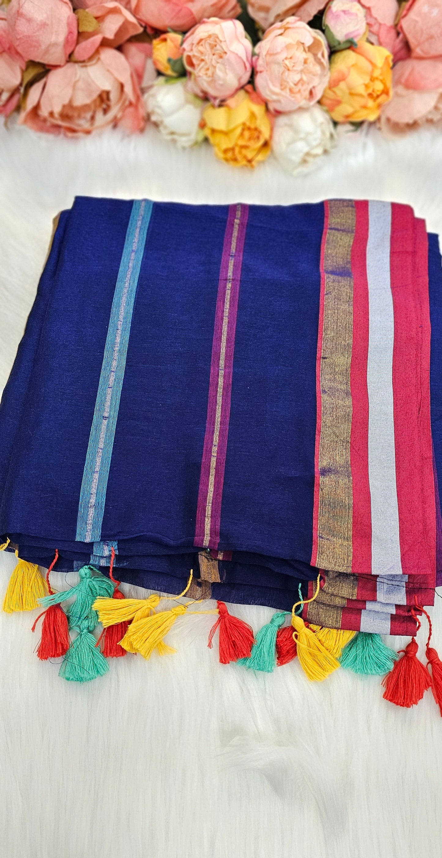 Beautiful Multicoloured cotton saree with tassels