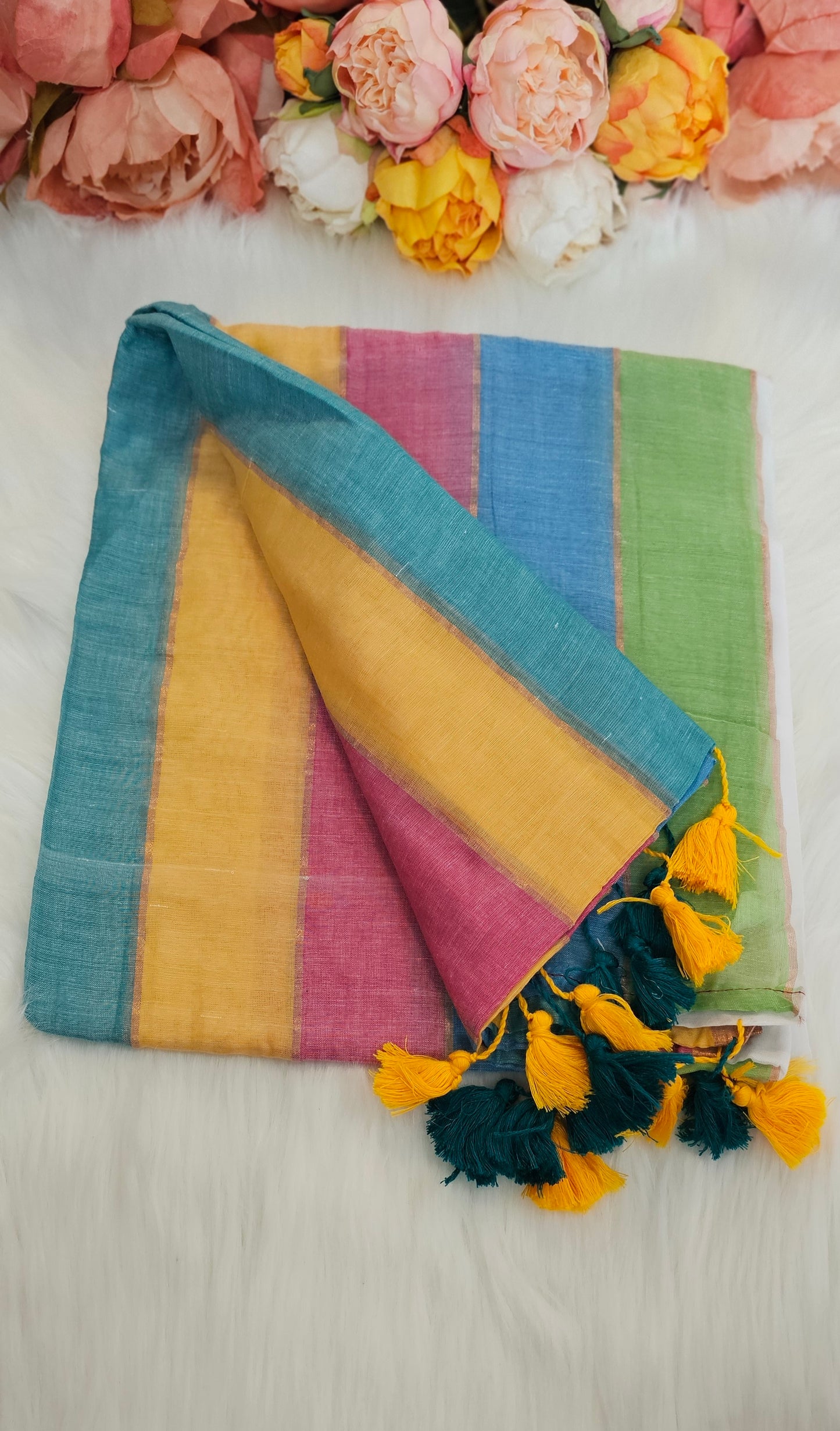 Beautiful Multicoloured cotton saree with tassels