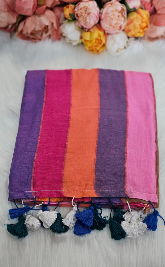 Beautiful Multicoloured cotton saree with tassels