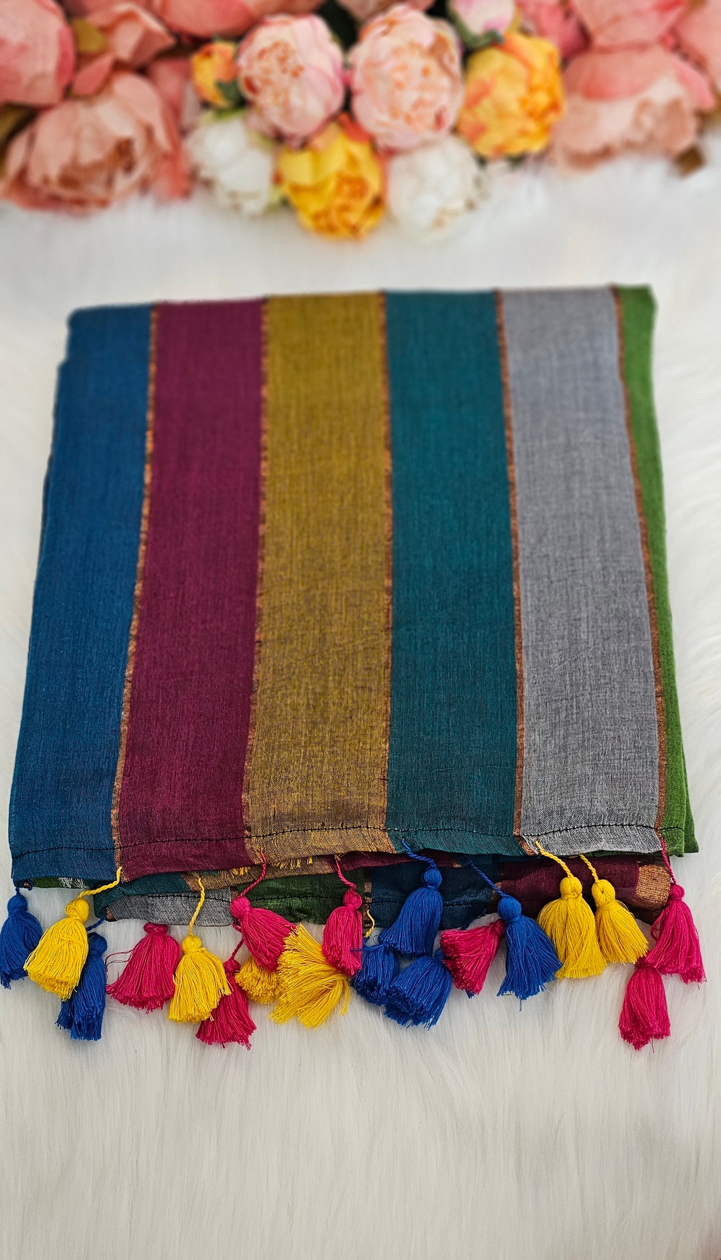 Beautiful Multicoloured cotton saree with tassels