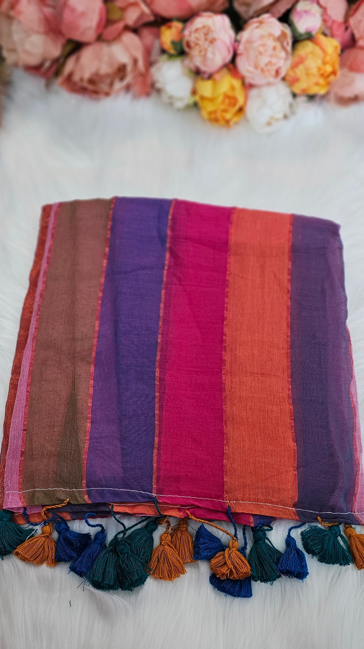 Beautiful Multicoloured cotton saree with tassels
