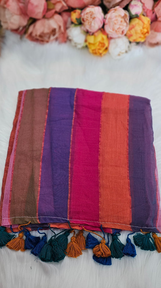 Beautiful Multicoloured cotton saree with tassels