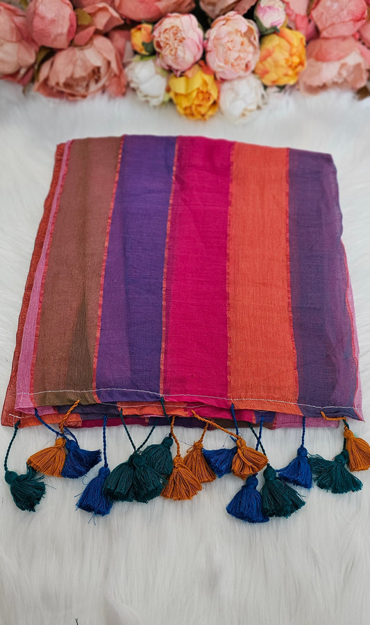 Beautiful Multicoloured cotton saree with tassels