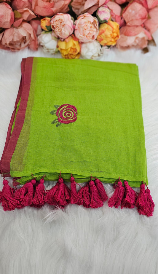 Fully rose embroidered  mulmul saree with tassels