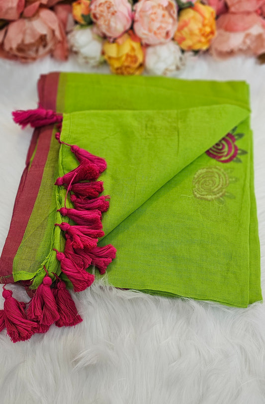 Fully rose embroidered  mulmul saree with tassels