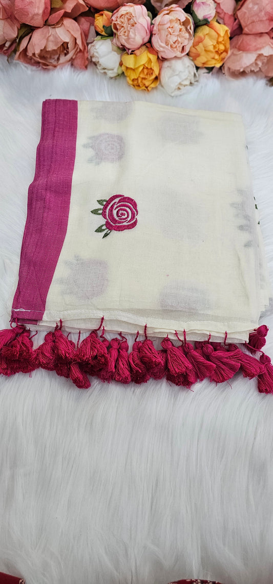 Fully rose embroidered  mulmul saree with tassels