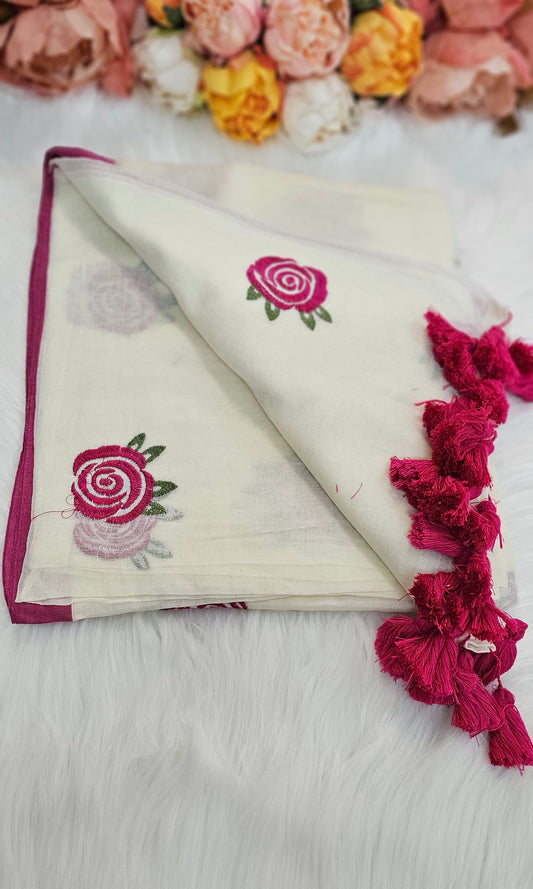 Fully rose embroidered  mulmul saree with tassels