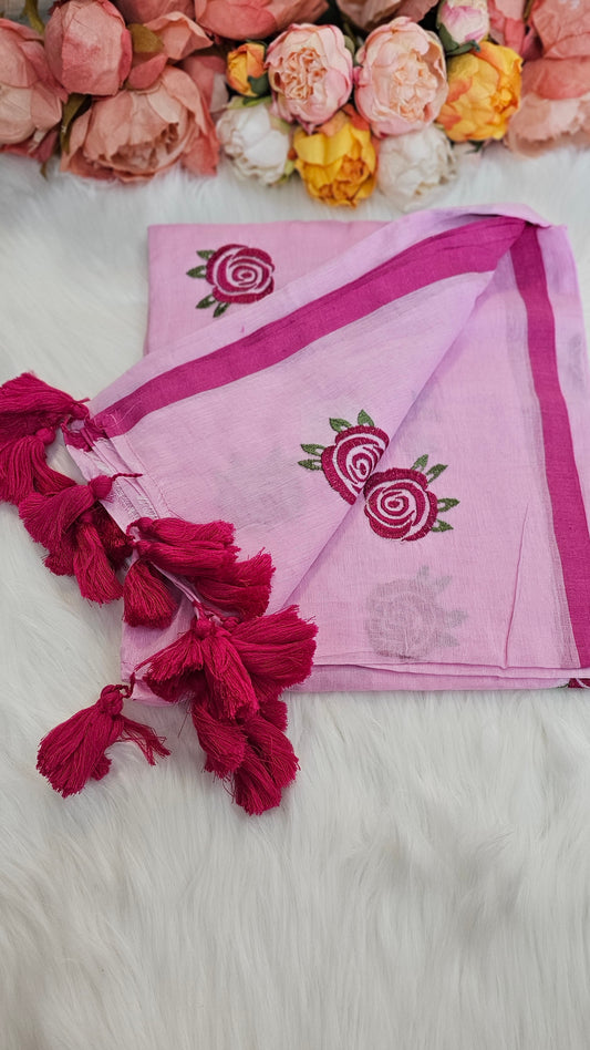 Fully rose embroidered  mulmul saree with tassels