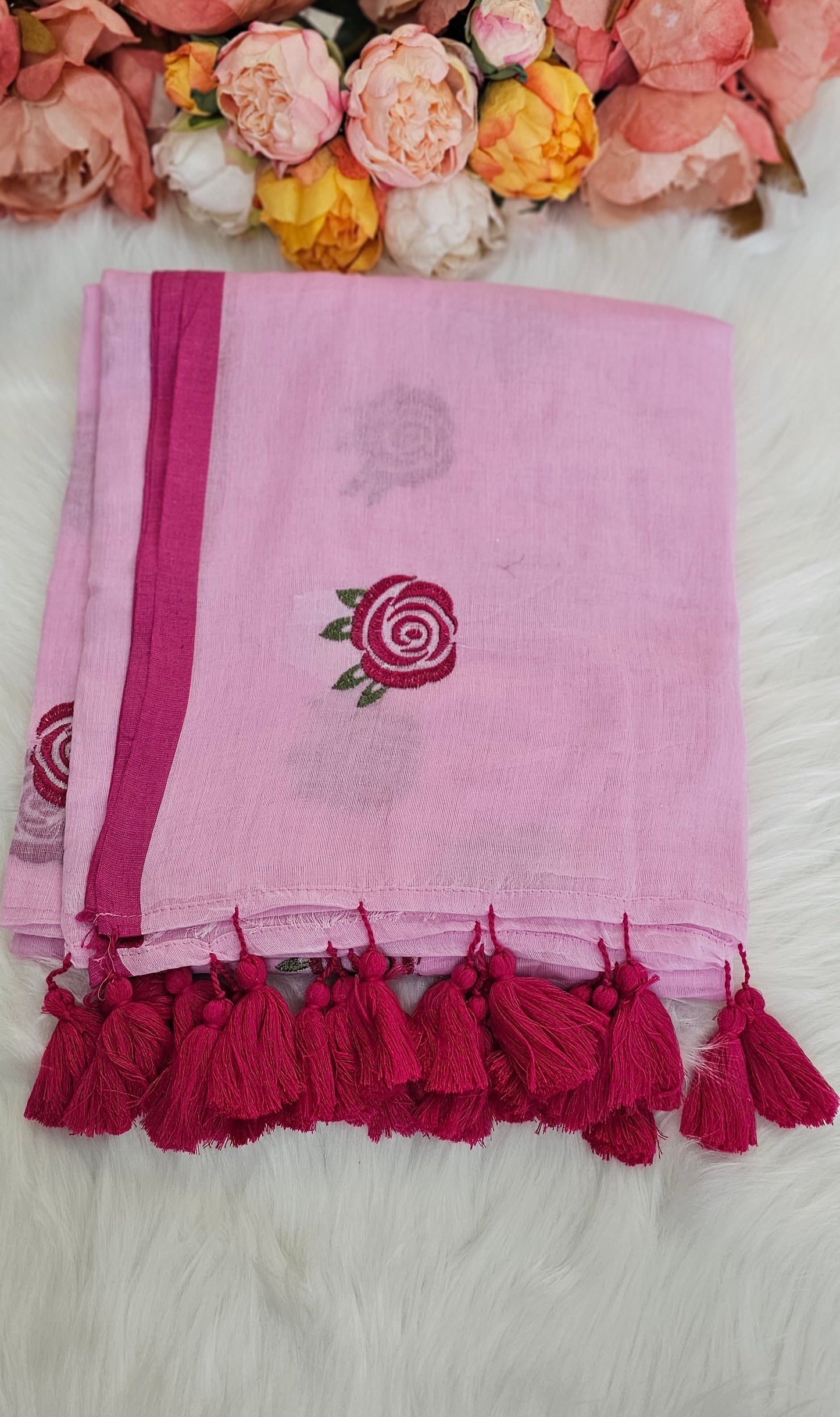 Fully rose embroidered  mulmul saree with tassels