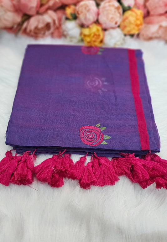 Fully rose embroidered  mulmul saree with tassels