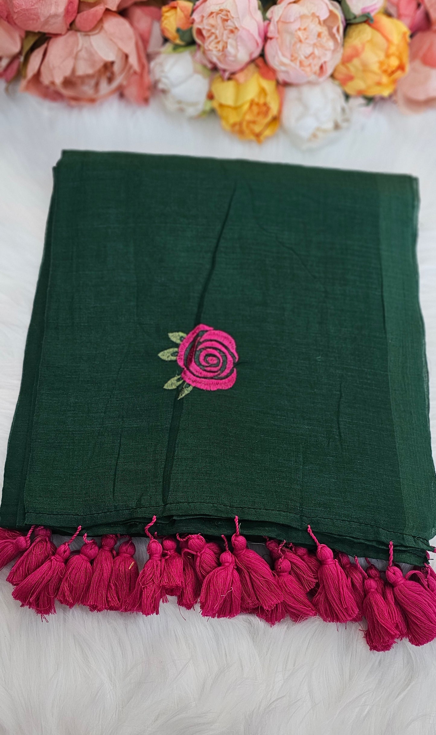 Fully rose embroidered  mulmul saree with tassels