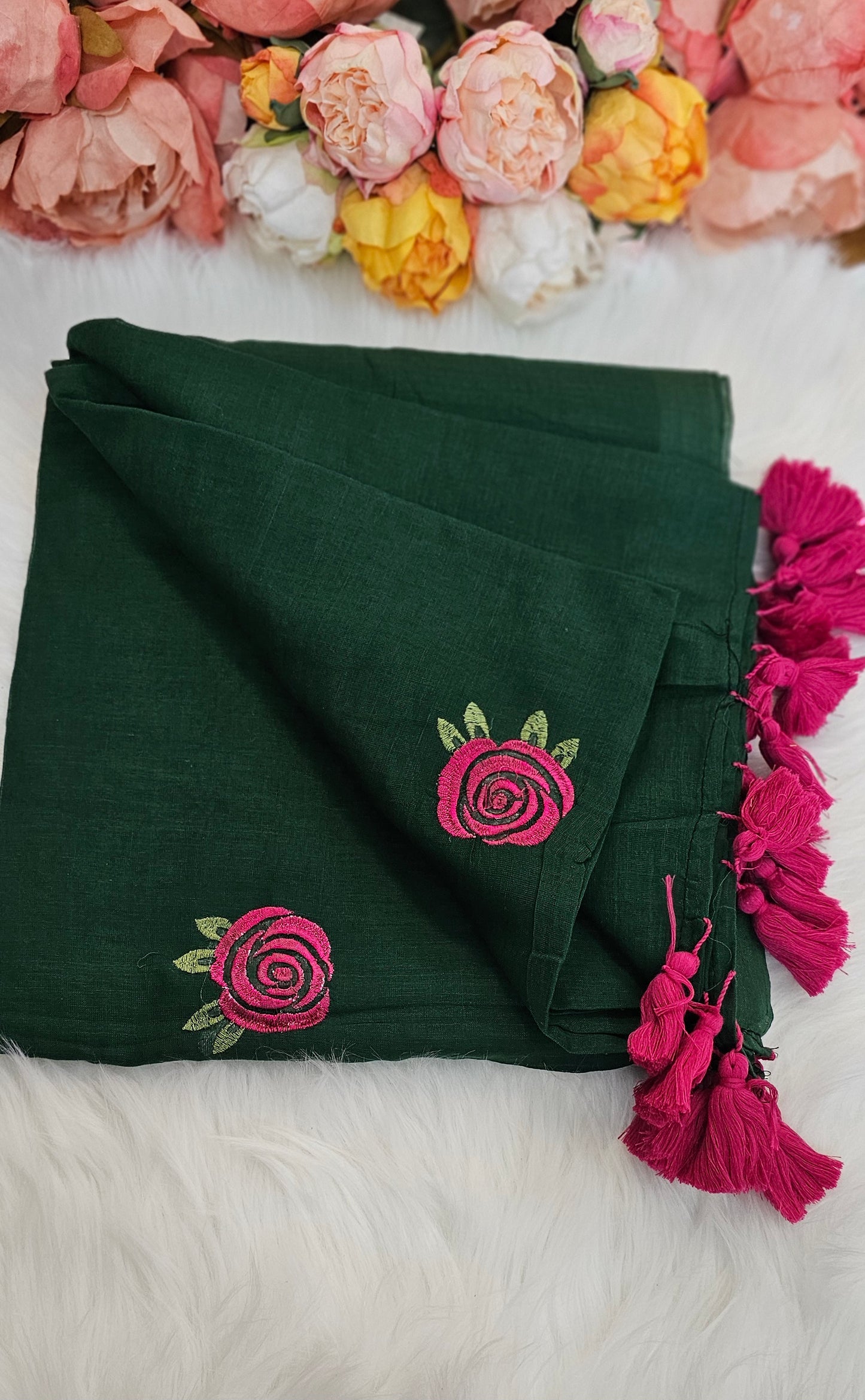 Fully rose embroidered  mulmul saree with tassels