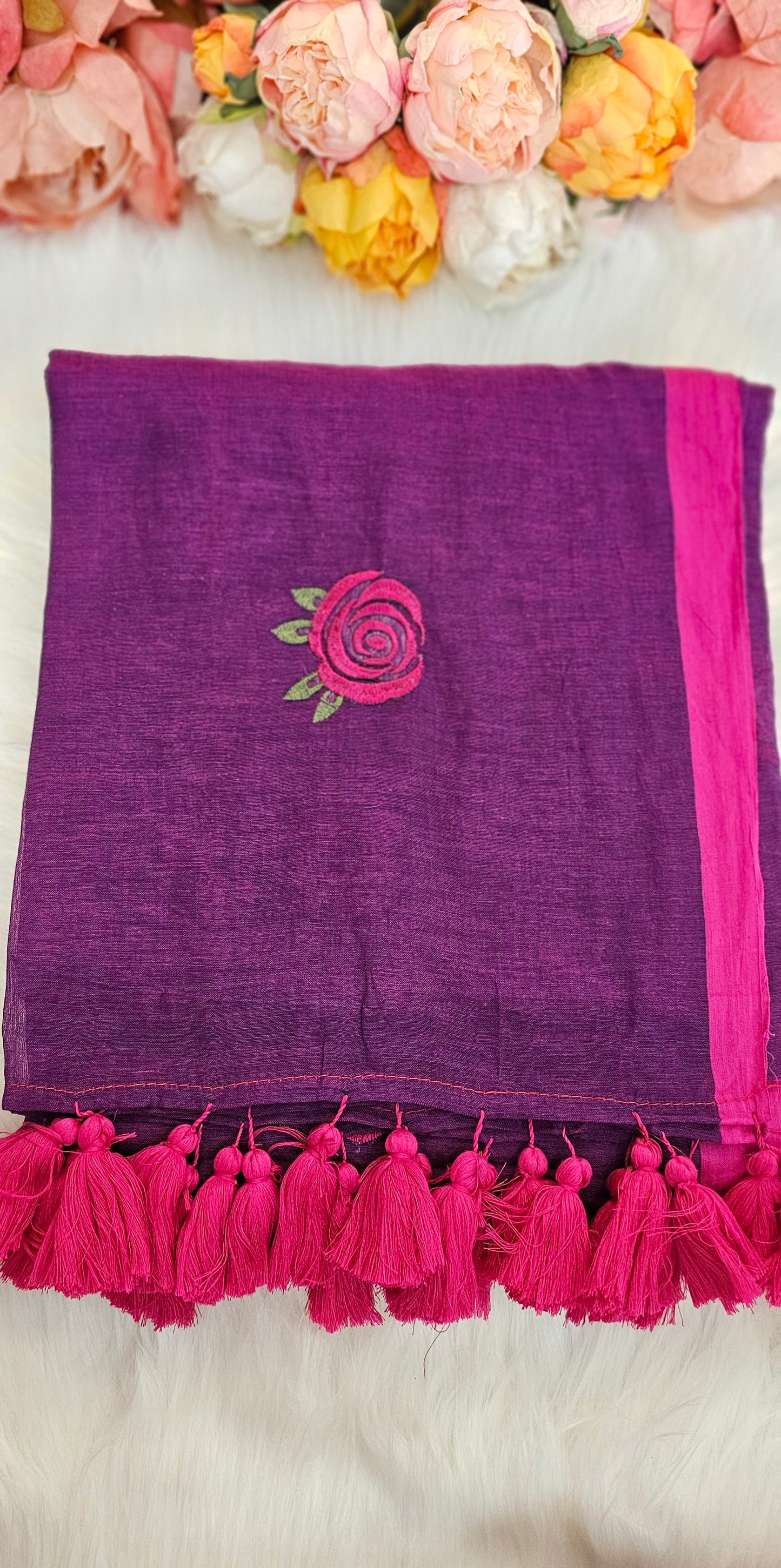 Fully rose embroidered  mulmul saree with tassels