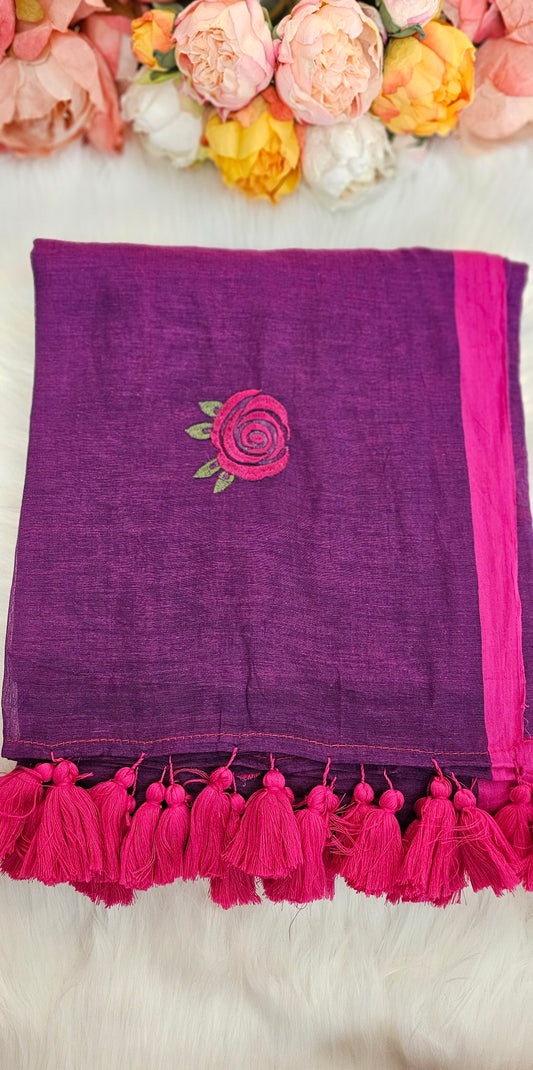Fully rose embroidered  mulmul saree with tassels
