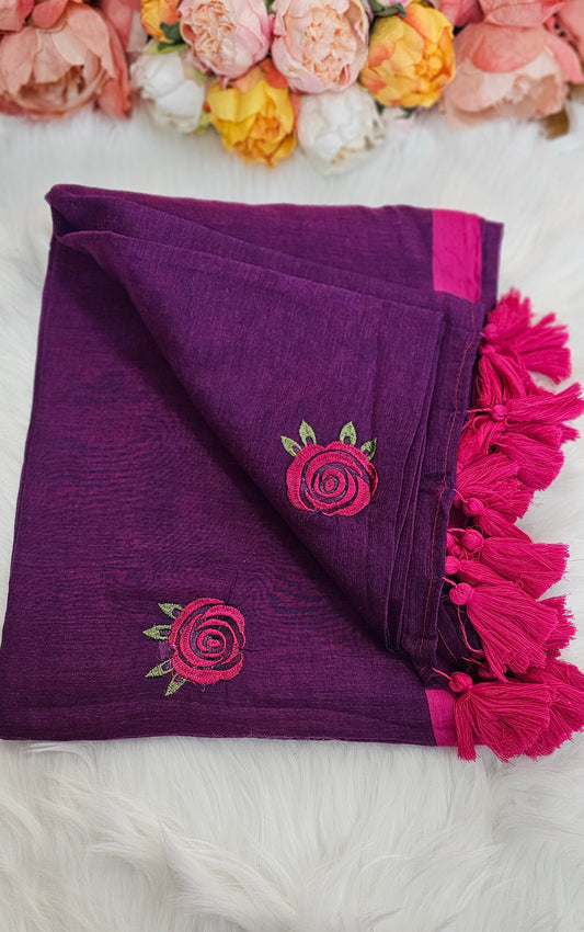 Fully rose embroidered  mulmul saree with tassels